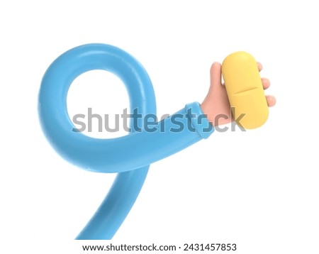 3d render. Doctor or pharmacist cartoon hand holds big blue pill. Medical icon,healthcare illustration. Pharmaceutical clip art.3D rendering on white background.long arms concept.
