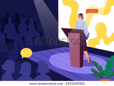 Confident speaker from audience. Woman with microphone give lecture or press conference, seminar. Businesswoman at scene and podium with microphone. Cartoon flat vector illustration