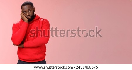 Bored annoyed african-american guy look sceptical dying boredom cannot wait go home lean head palm raise eyebrow judgemental ignorant, standing bothered irritated pink background.