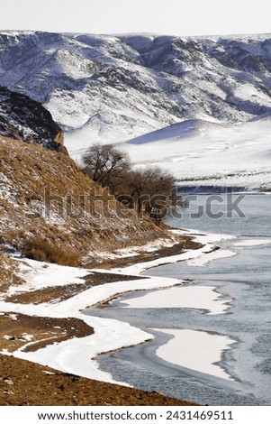 
The river froze, forming an icy panel that stretches between the rocks, like a silver bridge connecting the inaccessible cliffs on both sides. Royalty-Free Stock Photo #2431469511