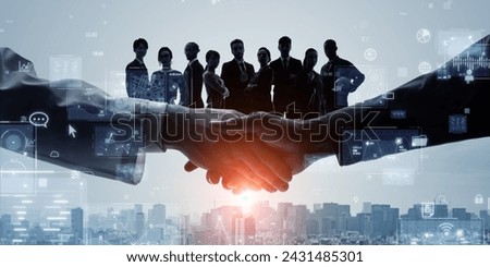 Mixed media of group of multinational people and digital technology concept. Management strategy. Human resources. Wide angle visual for banners or advertisements.