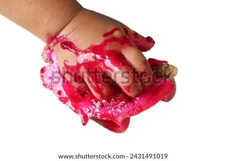 red baby child's hand holding a dragon fruit.  isolated white background