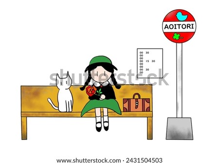 Clip art of cat and girl waiting for bus at bus stop