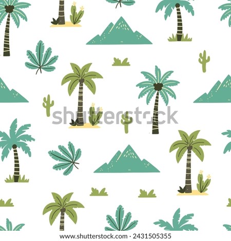 Seamless pattern of cute colorful dinosaurs with floral and geometric elements palms, mountains, clouds, leaves.