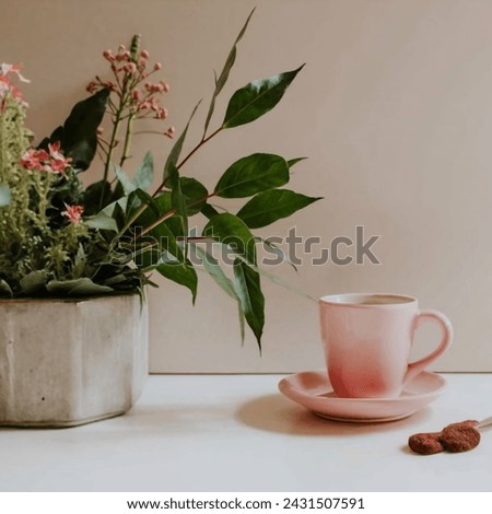 Studio with green leaves and pink flowers and a coffee cup on a table