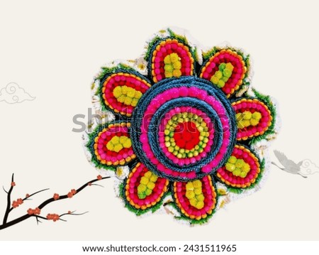 The white background in the picture is a decoration of fresh flowers with yellow, pink, dark pink amaranth flowers, decorated in a colorful flower picture frame, very beautiful.