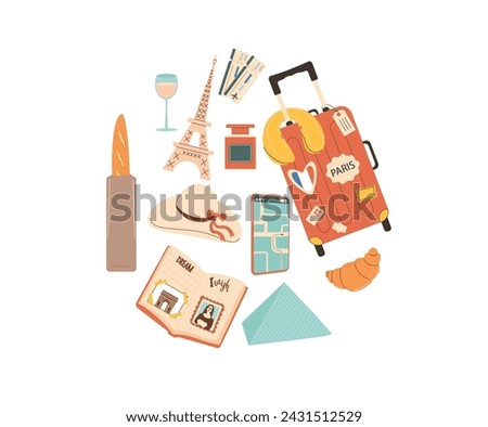 Travel France elements circle composition. Tourism to Paris items in round shape isolated on white background. Suitcase, ticket diary wine and symbols of country. Vector flat illustration.