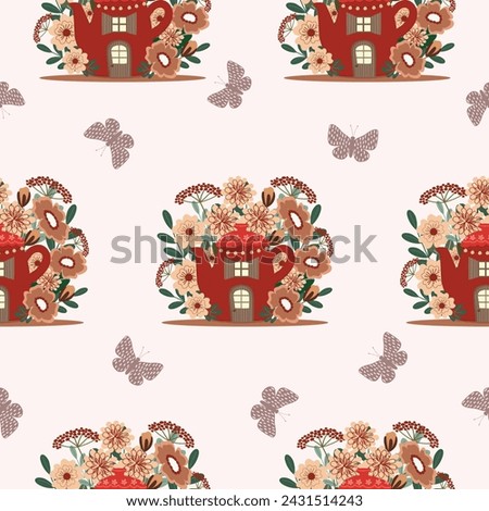Cute Teahouse in Garden hand drawn seamless pattern vector illustration for decorate invitation greeting birthday party celebration wedding card poster banner textile wallpaper paper wrap background