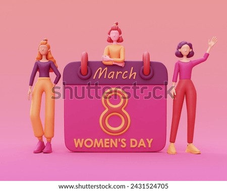 The image features a group of people wearing clothing, with a text overlay that reads "March WOMEN'S DAY." The image also includes elements like a doll, cartoon, and toy.