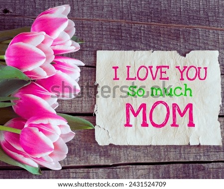 The image is a background pattern with the text "I LOVE YOU So much MOM" written in pink handwriting on top. It includes petals, plants, signs, and flowers as part of the design.