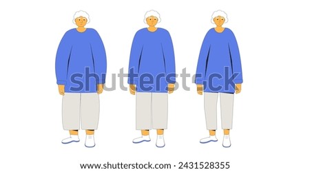 Weight loss elderly woman sequence. Before and after sport exercises. Senior woman character with different body mass on white background. Vector flat illustration with outline.