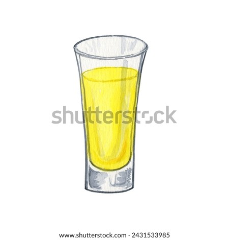 Glass with limoncello watercolor illustration. Hand drawn image of lemon liqueur. Traditional Italian drink.