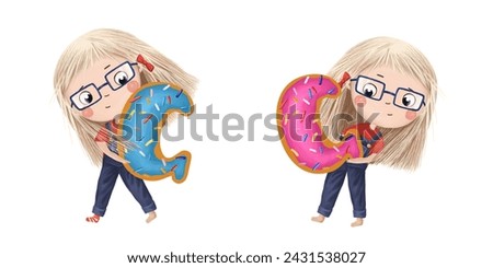 Cute little girl with chocolate donut- letter G. Tasty set on white background. Learn alphabet clip art collection