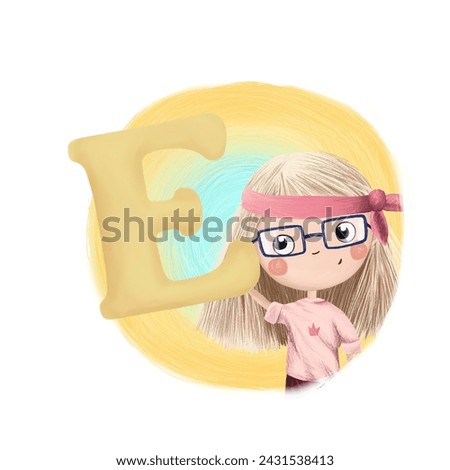 Cute little girl with letter E. Colorful cartoon graphics. Learn alphabet clip art collection on white background