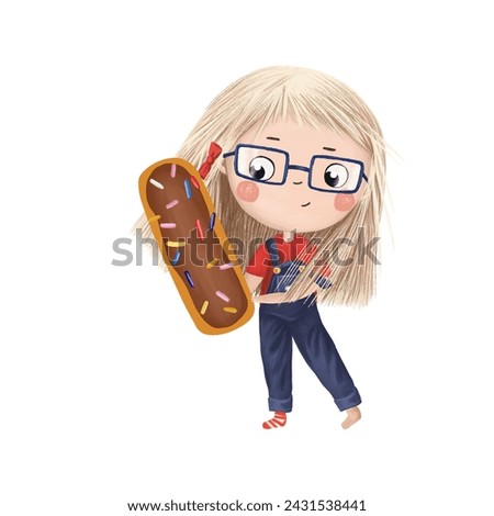 Cute little girl with chocolate donut- letter I on white background. Learn alphabet clip art collection