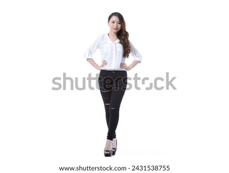 Full body Beautiful asian woman happy smile with casual clothes posing white background