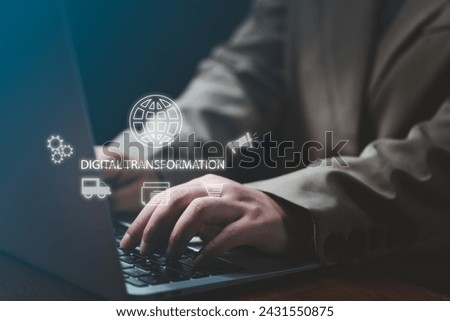 Digital transformation in action with hands on keyboard. Technology drives progress and efficiency in modern workplaces Royalty-Free Stock Photo #2431550875