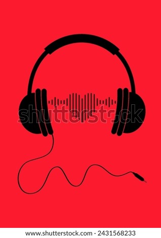 Headphones earphones with black cord. Black silhouette. Headphone icon. Black music sound wave heart. Love greeting card, banner template. Flat design. Red background. Isolated.