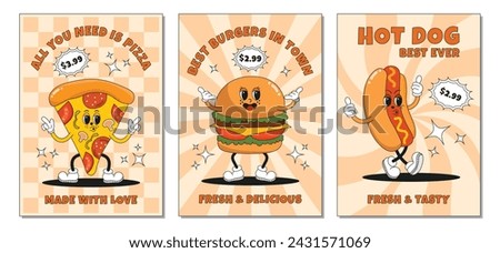 Groovy retro fast food posters set. Fast food, burger, pizza, hot dog illustration. Vintage banner, 70s, 80s, 90s vibes. Trendy retro psychedelic style. Funny food characters or in groovy style
