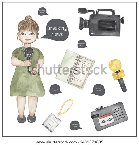 Watercolor journalist clipart, hand drawn illustration. Journalist working, kids school card clip art, educational, cute children graphics with professions.