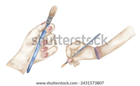 Hand drawn watercolor painting hand set. Artist hands with brushes illustration. Creative person equipment's clipart