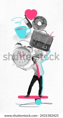 Poster. Contemporary art collage. Young man trying to balancing with huge clocks, bags, food and drinks, hears on desk. Concept of work and personal life balance, time management, career.
