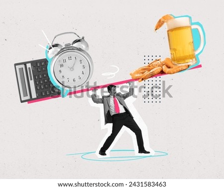 Poster. Contemporary art collage. Man carrying desk where there are clock, bag as work, beer with shrimps as rest. Concept of work and personal life balance, time management, career.