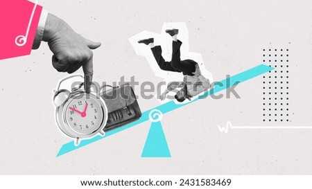 Poster. Modern aesthetic artwork. Hand presses on one side of scale where briefcase with watch stands and man rolls there. Concept of work and personal life balance, time management, career.