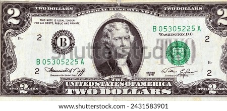 Large fragment of the Obverse side of 2 two dollars bill banknote series 1976 with the portrait of president Thomas Jefferson, old American money banknote, vintage retro, United States of America