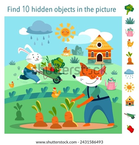 Find 10 hidden objects in picture. Educational game for kids. Cute flat cartoon fox and rabbit with vegetables in wheelbarrow. Farm and garden, plants. Vector flat illustration. Royalty-Free Stock Photo #2431586493
