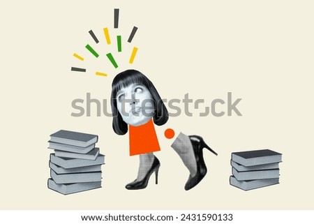 Photo collage image young thoughtful girl thinking solution plan idea stacks books smart nerd exam preparation colored background