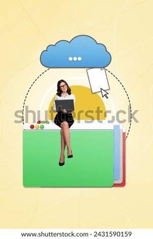 Vertical collage creative poster illustration beautiful lovely happy young lady sit miniature interface work software colorful background