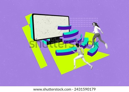 Creative picture collage two young girls run towards broadcasting screen display wifi internet signal addicted social media users