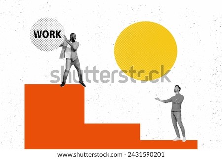 Collage image of two cheerful mini black white effect guys stand stairs top hold throw catch work ball isolated on creative bakground