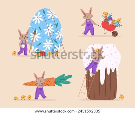 Set of cute rabbits and chicks for Easter Day. Vector illustration for Easter. Bunny with holiday egg and cake, wheelbarrow with flowers and big carrot. Illustration for greeting cards, posters Royalty-Free Stock Photo #2431592305