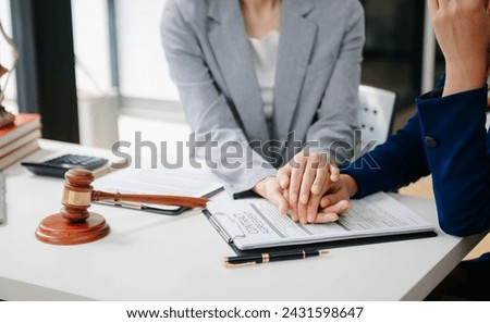 Asian Business law concept, Lawyer business lawyers are consulting lawyers for women entrepreneurs to file copyright lawsuit with laptop and tablet  Royalty-Free Stock Photo #2431598647