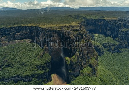 View of the Angel Falls (Salto Angel) is worlds highest waterfalls (978 m) on a sunny day - Venezuela, Latin America Royalty-Free Stock Photo #2431603999