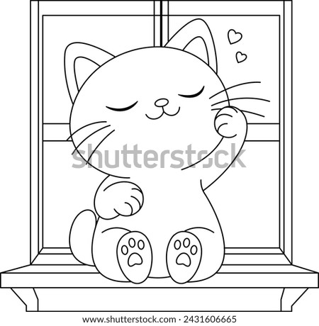 Cute cat is sitting on the window coloring page.Cute character design. Graphic elements for kids. Cartoon hand drawn style.