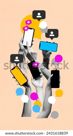 Many human hands with mobile phones and social media icons, likes and followers. Media addiction. Contemporary art collage. Concept of social media, influence, online business, communication Royalty-Free Stock Photo #2431618839