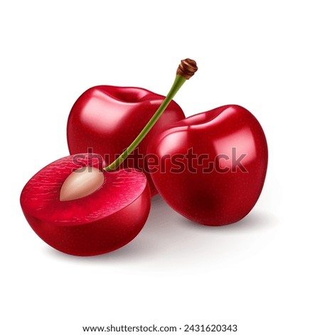 Ripe red sweet cherries with smooth skin, juicy light red flesh, and small pits on white backdrop Royalty-Free Stock Photo #2431620343
