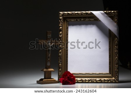 Blank mourning frame for condolence card on dark background