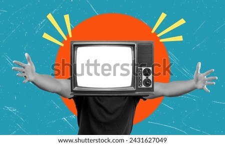 Contemporary art collage depicting a man with a TV instead of a head, wanting a hug. The concept of advertising on TV. Royalty-Free Stock Photo #2431627049