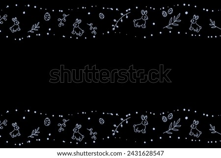 Vector. Cute hand drawn Easter horizontal background with bunnies, easter eggs. Festive background with Easter linear symbols. Copy space for text. Design cards, banners and other promotional items.