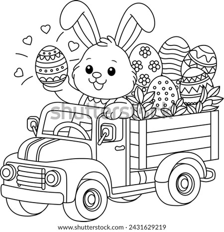 Easter bunny rides a truck with Easter eggs coloring page. Easter coloring page for kids