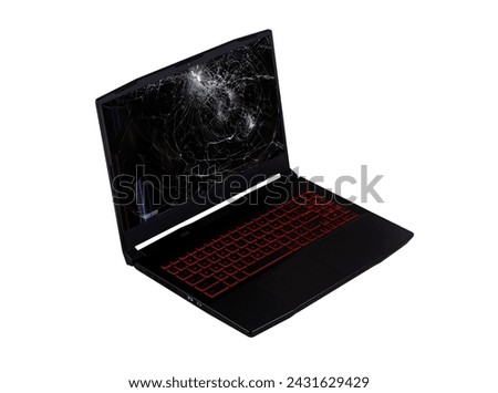 open laptop on broken screen isolated on white background