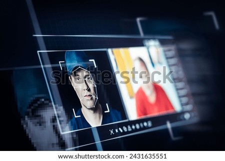 Deep fake. Deepfake and AI artificial intelligence video editing technology. Face of a person in editor. Machine learning concept. Fraud picture swap. Royalty-Free Stock Photo #2431635551