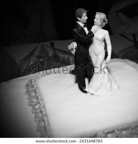 The bride and groom of marzipan on the wedding cake, decorative food, wedding background for text, black and white photography