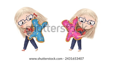 Cute little girl with chocolate donut- letter X. Tasty set on white background. Learn alphabet clip art collection