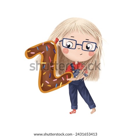 Cute little girl with chocolate donut- letter Z on white background. Learn alphabet clip art collection