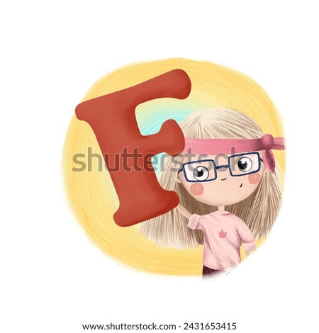 Cute little girl with letter F. Colorful cartoon graphics. Learn alphabet clip art collection on white background